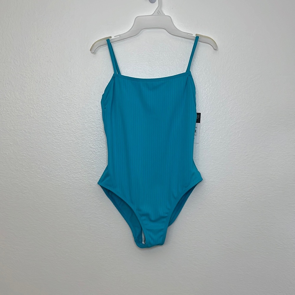Sandflower Women's Aqua Blue Ribbed Knit One Piece Swimsuit Medium (8-10) NWT